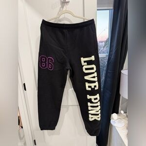 PINK Victoria's Secret Black Joggers with White and Purple Accents